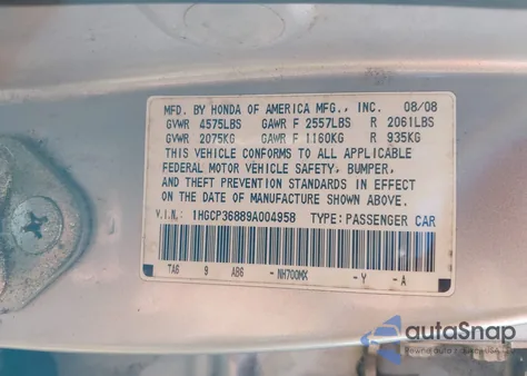 2009 Honda Accord 3.5 Ex-L z USA, uszkodzony, nr VIN 1HGCP36889A004958